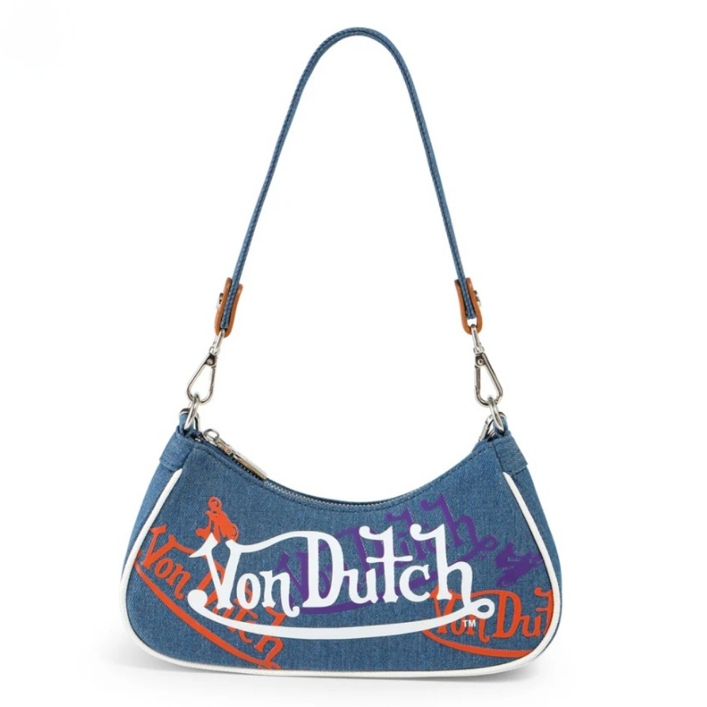 Von Dutch Denim/Orange/Purple Logo Shoulder Bag W/CUTE Mini Wrench-New W/Tags! - Picture 2 of 12